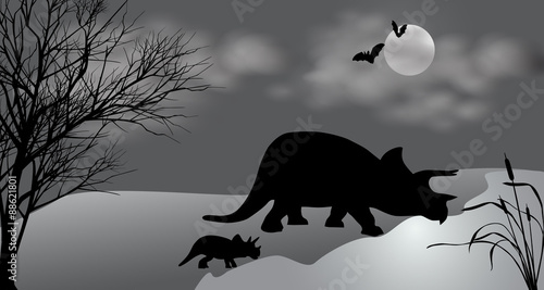 Triceratops with kid against the landscape. Vector illustration.