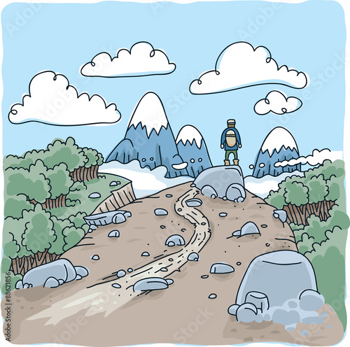 A cartoon hiker on a wilderness path looking out over a landscape of forest and snow-capped mountains on a bright day.