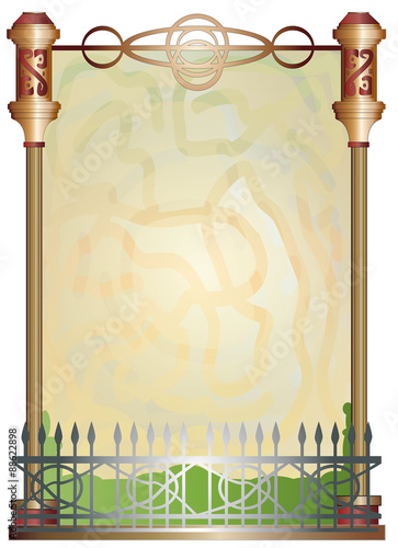 Text box in the form of a Gothic styled garden fence with spiked railings and fluted columns.
