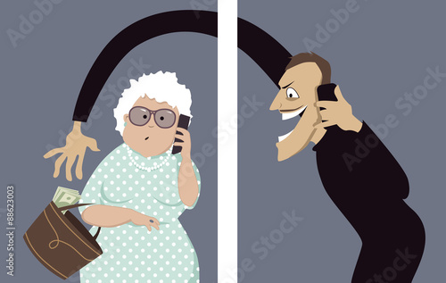 Scammer talks on a phone with a senior woman and trying to steal money out of her purse, vector illustration, no transparencies, EPS 8