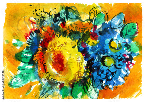 Obraz na plátně bouquet  with blue flowers on orange background/ golden-daisy/ chrysanthemum/ wa