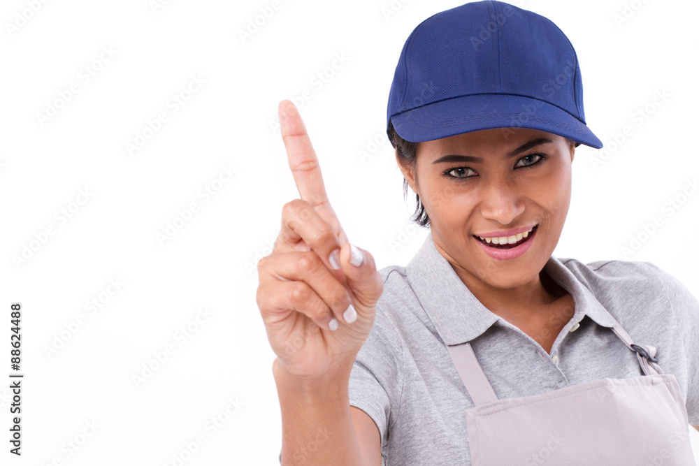 confident female worker showing one finger gesture, concept of n confident female worker showing one finger gesture, concept of n