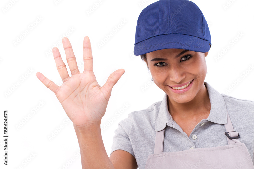 confident female worker raising her palm, pointing up 5 fingers confident female worker raising her palm, pointing up 5 fingers