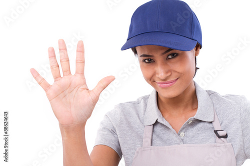 confident female worker raising her palm, pointing up 5 fingers