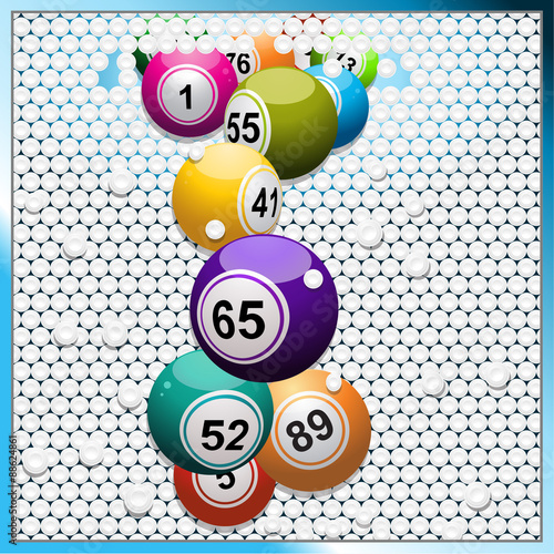Bingo balls breaking a white 3D circular tiles wall