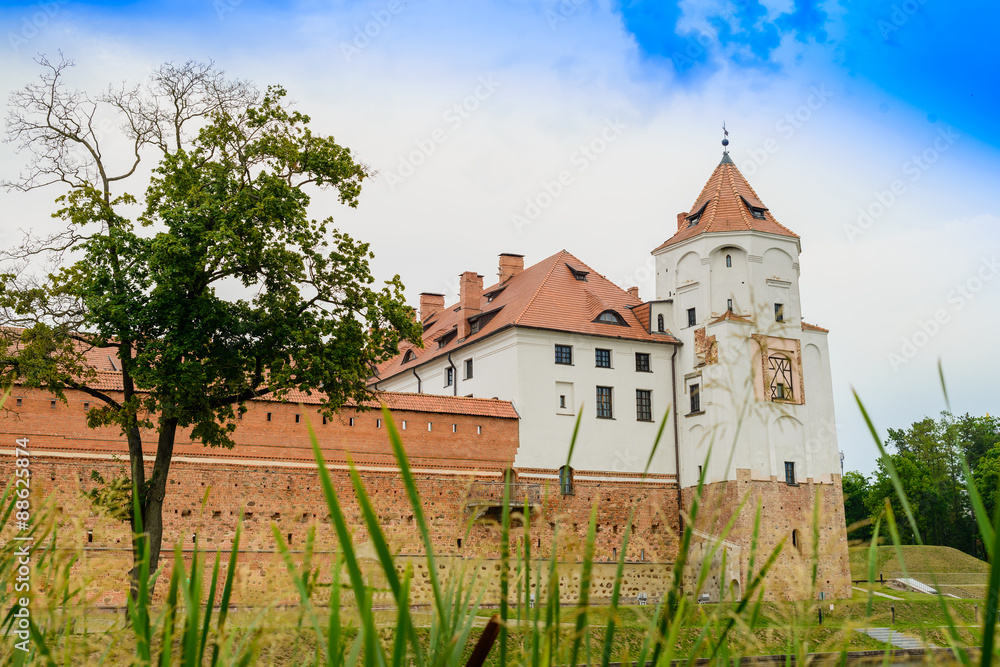 Medieval Mirskiy castle in Mir. Grodno region. Belarus. Focus on