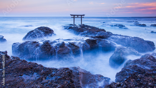 Japan landscape of traditional Japanese gate and sea at Oarai Ibaraki prefecture.