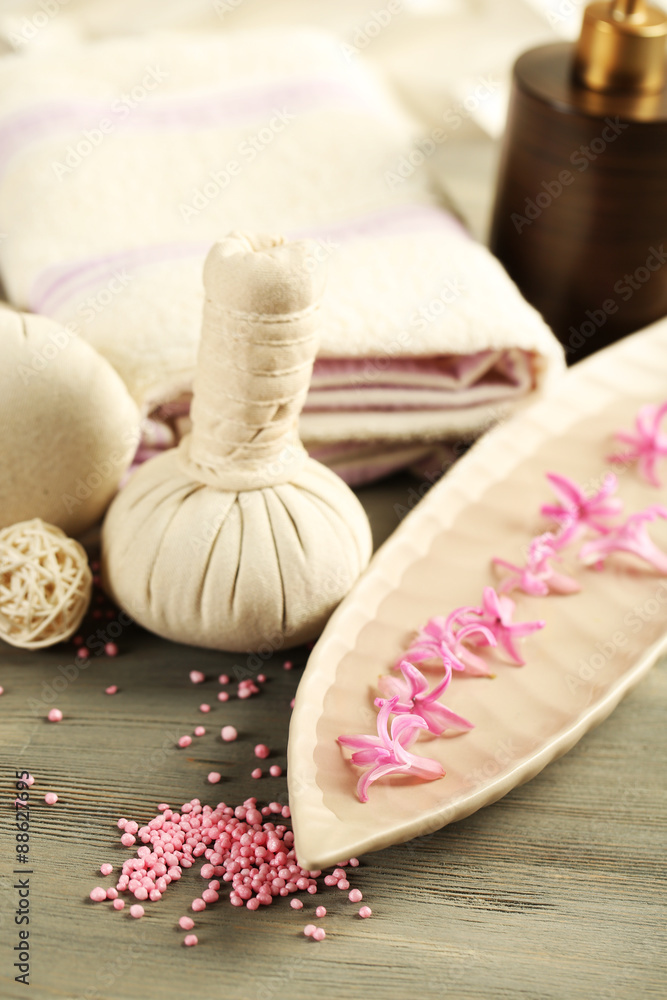Beautiful spa composition with hyacinth flowers, close up Beautiful spa composition with hyacinth flowers, close up
