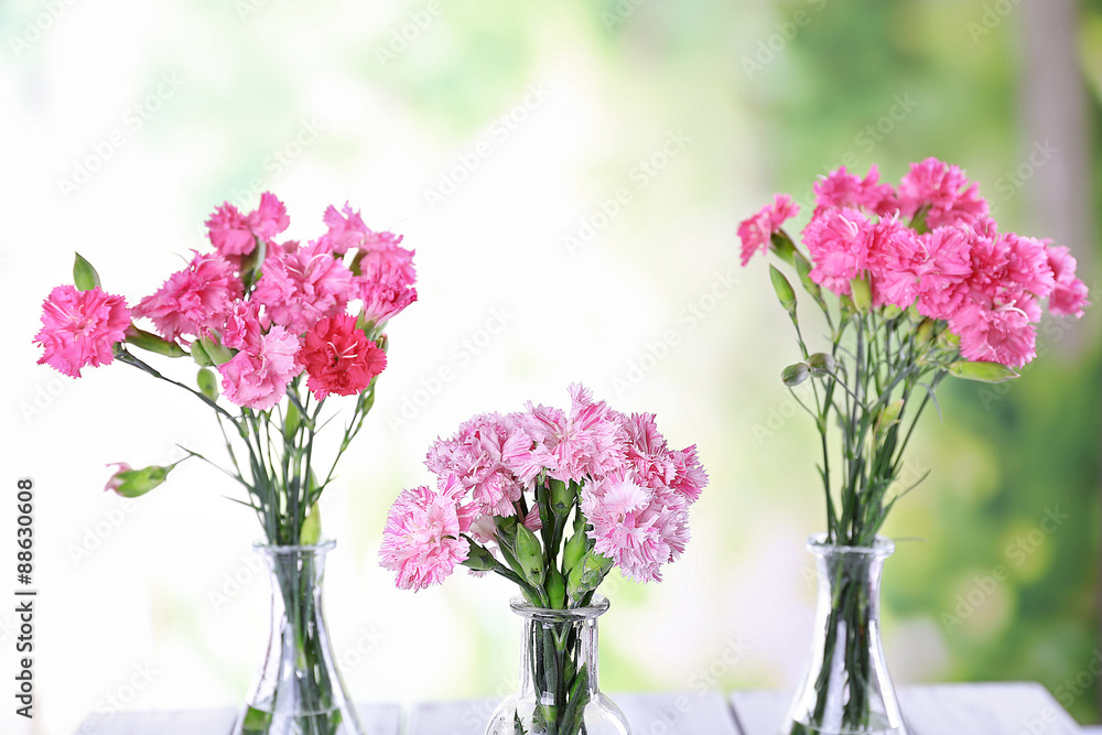 Beautiful bouquet of pink carnation in vases on bright background Beautiful bouquet of pink carnation in vases on bright background