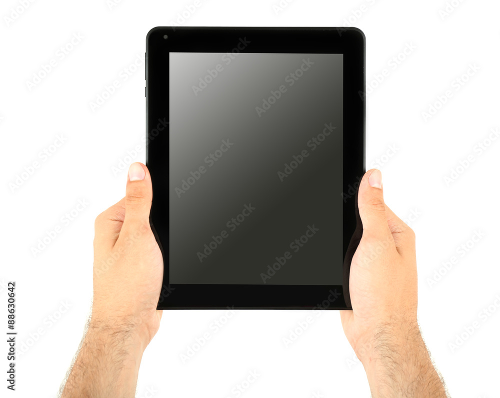 Male hands holding tablet isolated on white Male hands holding tablet isolated on white