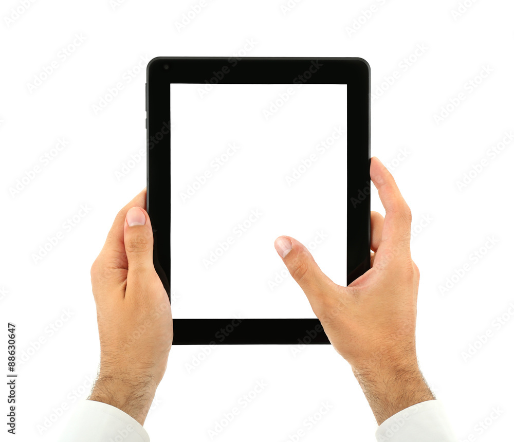 Male hands holding tablet isolated on white Male hands holding tablet isolated on white