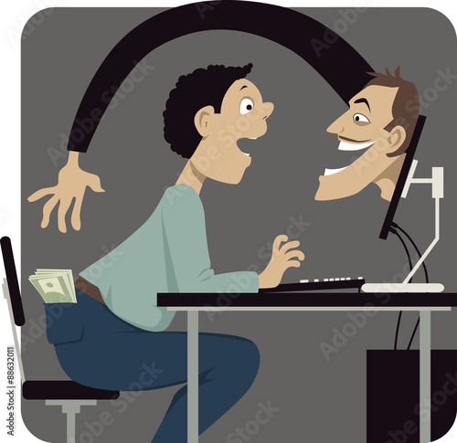 Online scammer reaching to steal money out of a pocket of a naive internet user, vector illustration, EPS 8