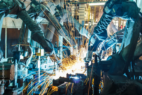Welding Robot movement in a car factory