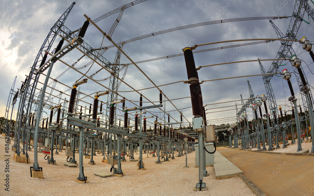 High voltage switchyard in electrical substation in fisheye perspective ...