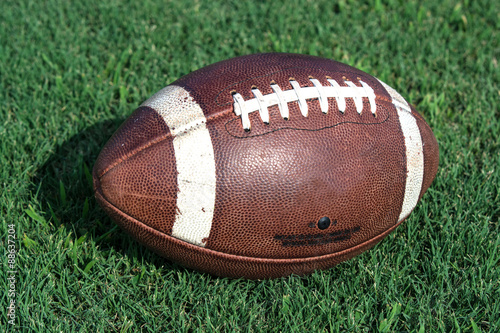 American Football turned sideways on grass
