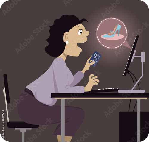 Compulsive shopper browsing shoes on Internet, holding a credit card in a hand, vector illustration, no transparencies, EPS 8