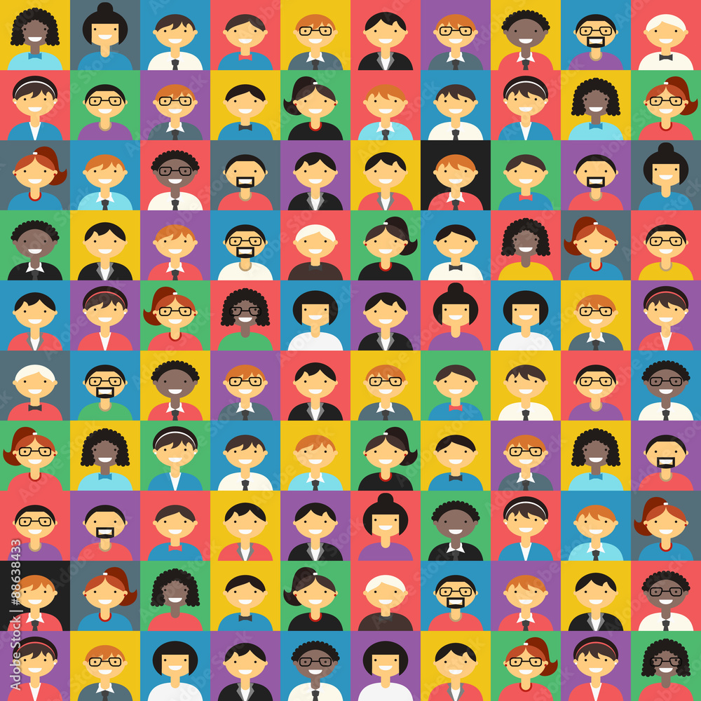 Flat Design Vector Colorful Background. Different People Character, Female, Male