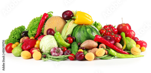 Composition with fresh fruits and vegetables isolated on white