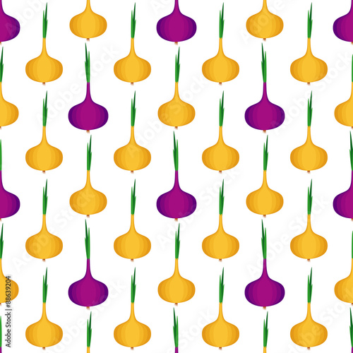Seamless pattern with red and yellow onion. Onions with fresh green sprouts on white background. Cute vector vegetables background. Bright food vector illustration.