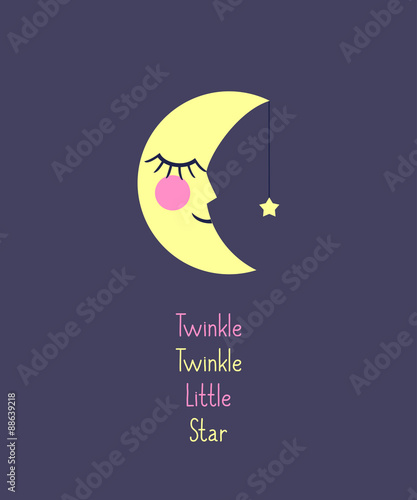 Twinkle Twinkle Little Star card with moon and star. Unusual inspirational and motivational quote poster. Lullaby Baby shower design.