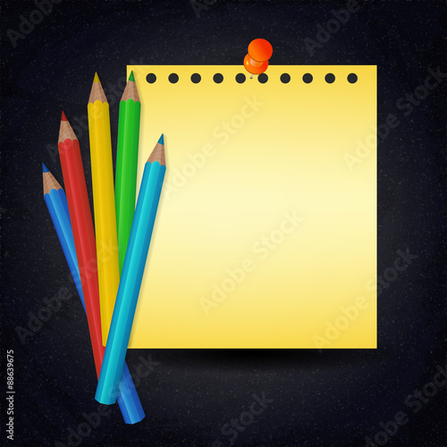 Paper with push pin and colorful pencils on chalkboard