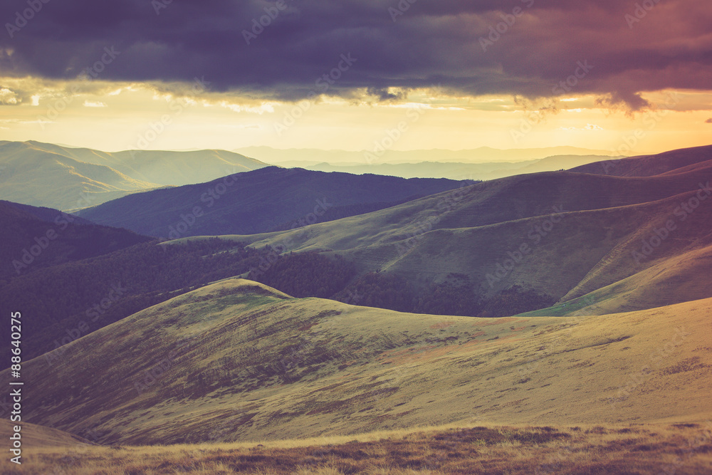 Autumn mountain hills at sunset.