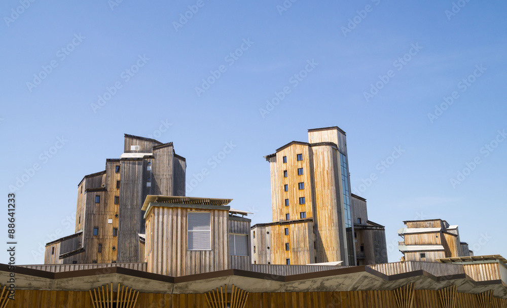  Strange wooden  buildings in  Avoriaz , French mountain resort, in the middle of the Porte du Soleil , Alps Mountains.