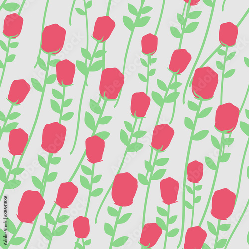 Flowers seamless pattern. Red roses with green stems. Floral Ret