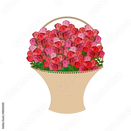 Basket of flowers on a white background. Large basket of red ros