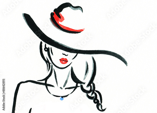 woman portrait with hat .abstract watercolor .fashion background