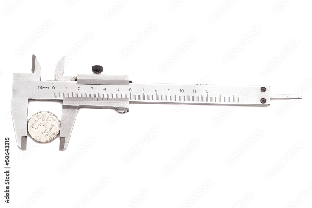 Vernier calipers with coin isolated on white Vernier calipers with coin isolated on white