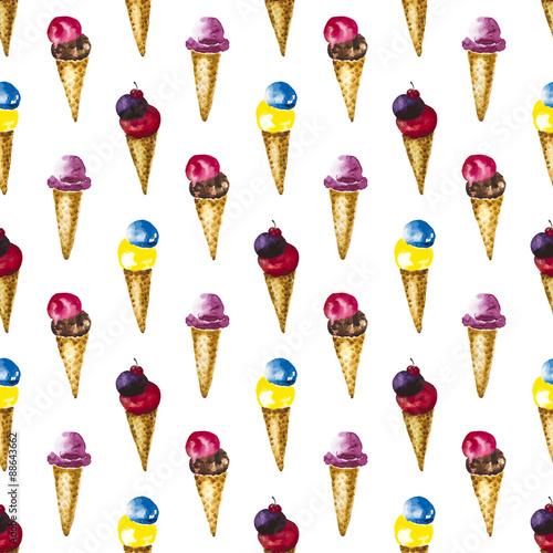 Seamless pattern with watercolor ice cream