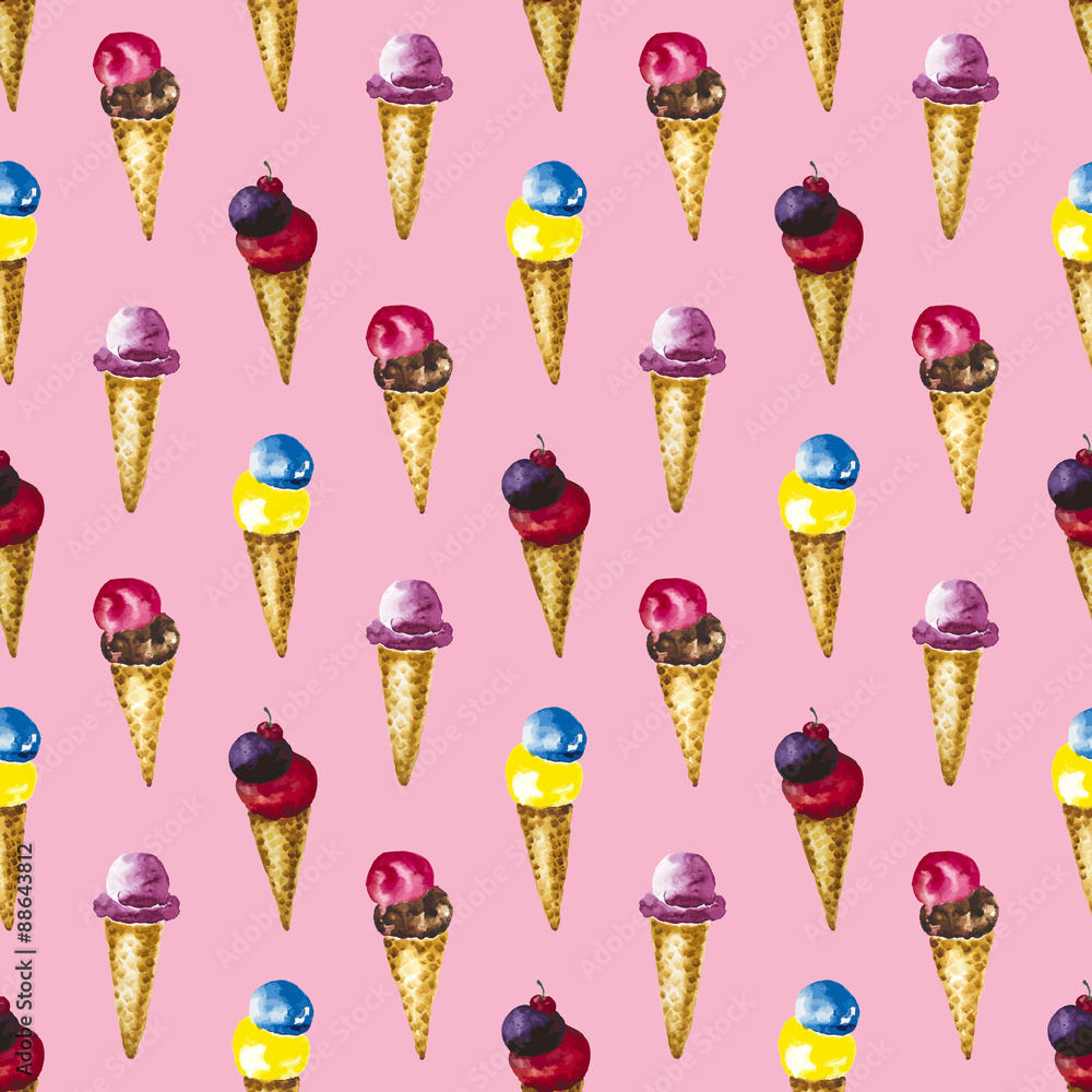 Seamless pattern with watercolor ice cream