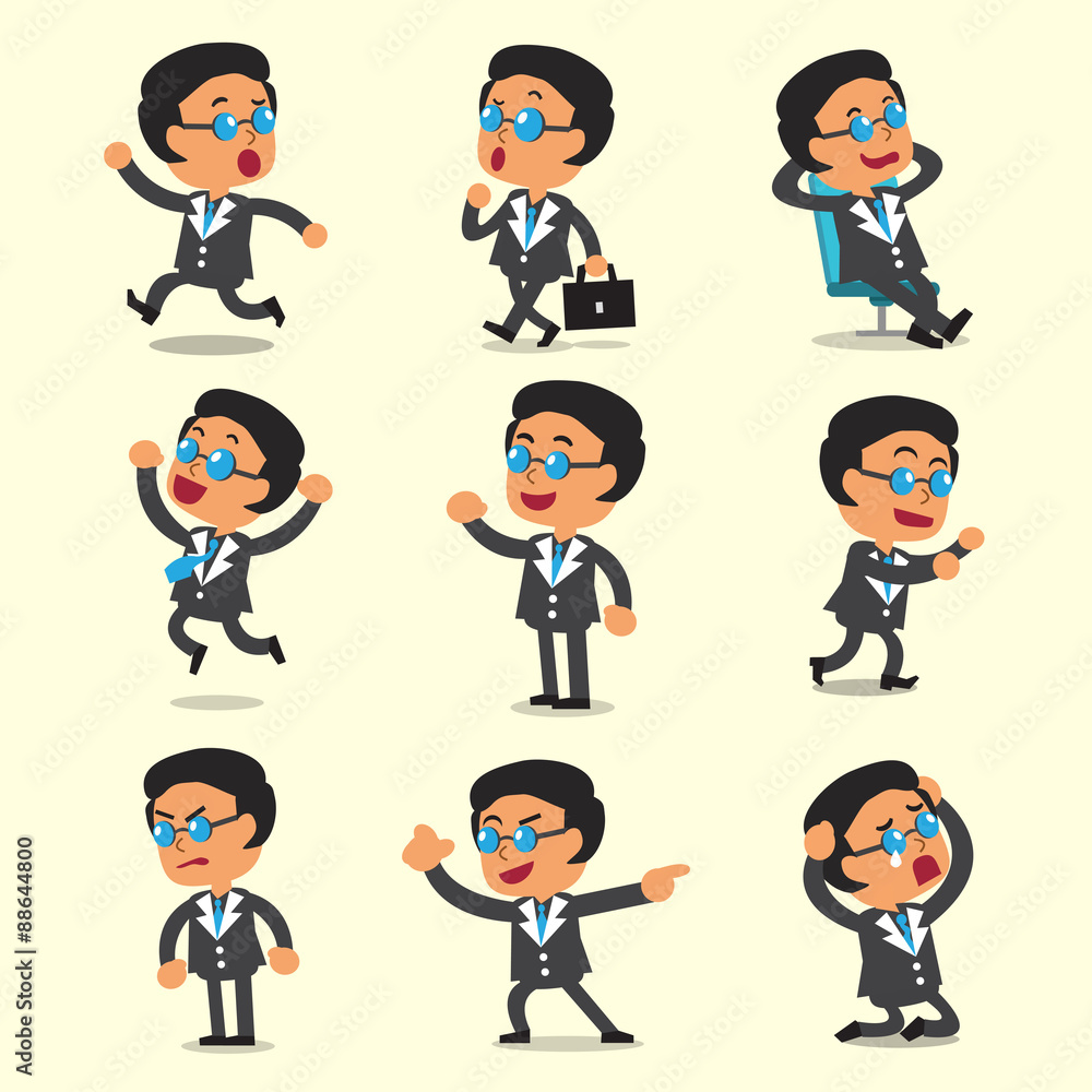 Cartoon business boss character poses on yellow background Cartoon business boss character poses on yellow background