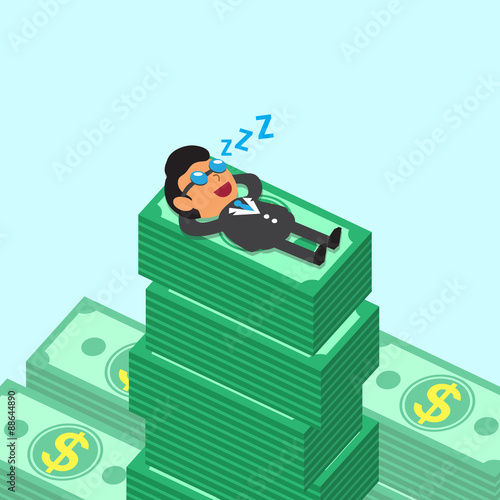 Cartoon business boss falling asleep on money stacks for design.