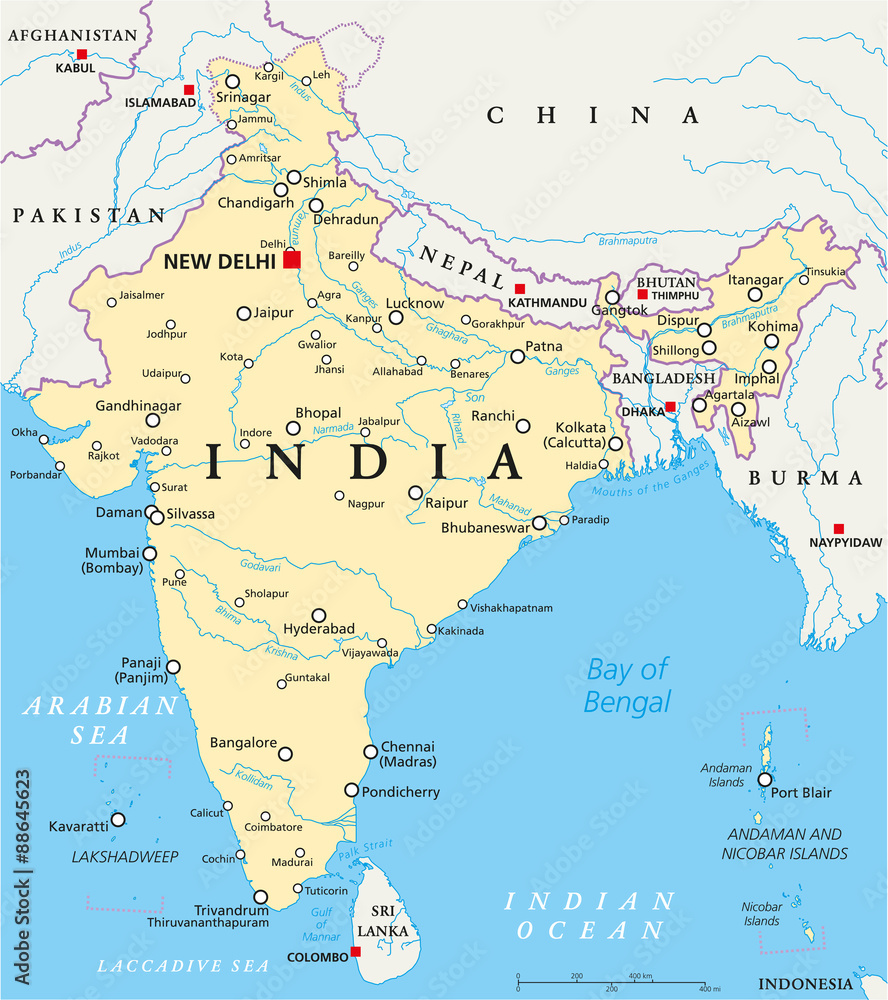 India political map with capital New Delhi, national borders, important cities, rivers and lakes. English labeling and scaling. Illustration.