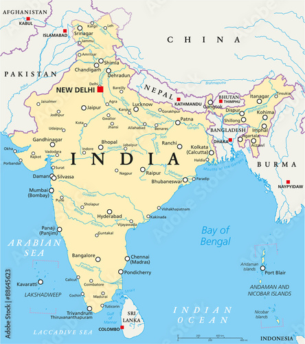 India political map with capital New Delhi  national borders  important cities  rivers and lakes. English labeling and scaling. Illustration.