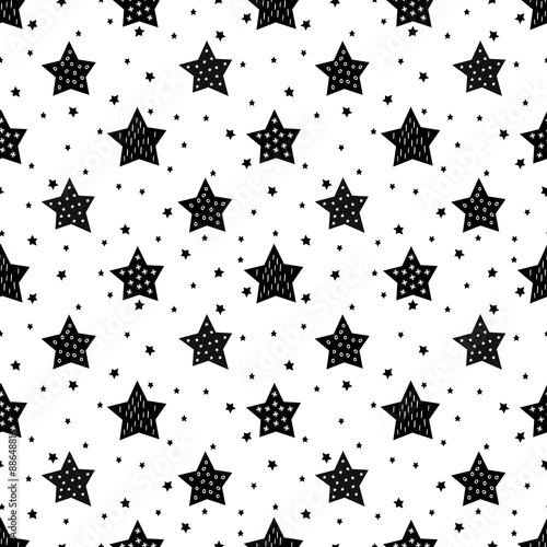 Tapety Jednolity czarno-biały wzór z uroczymi gwiazdkami dla dzieci. Baby prysznic tło wektor. Dziecko rysunek styl wzór xmas.
