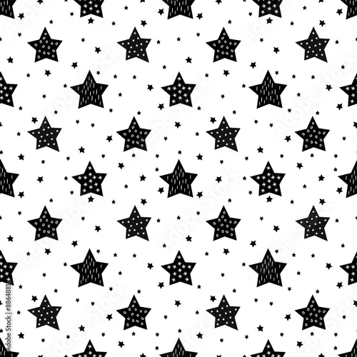 Tapety Jednolity czarno-biały wzór z uroczymi gwiazdkami dla dzieci. Baby prysznic tło wektor. Dziecko rysunek styl wzór xmas.