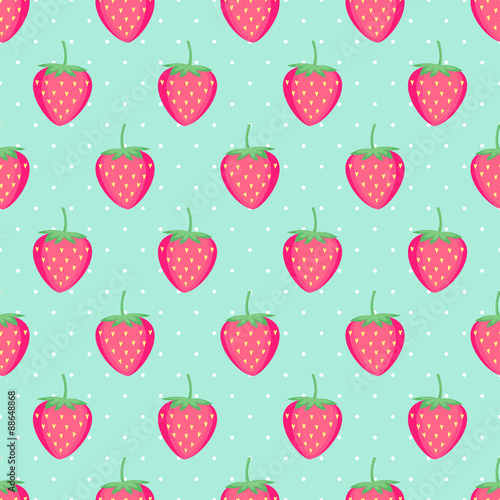 Seamless background with pink strawberries. Cute vector strawberry pattern. Summer fruit illustration on mint polka dots background.