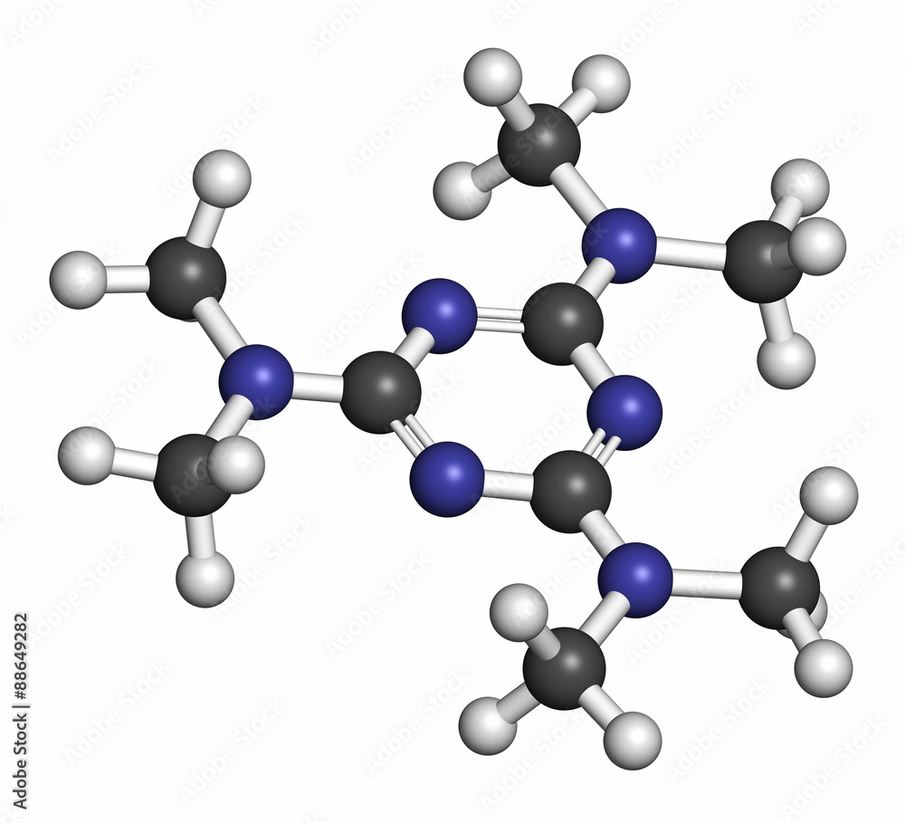 Altretamine cancer drug molecule. Altretamine cancer drug molecule.