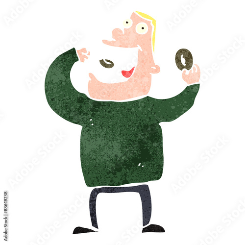 retro cartoon greedy man eating donuts