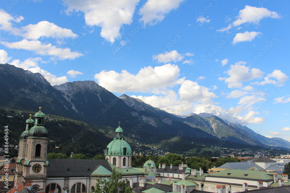 Aerial view of Innsbruck city taken from City Tower (Stadtturm) which was built in 1450 in Tirol, Austria. With 51 meters of height, City Tower is located in Old City (Altstadt or Altestadt). Aerial view of Innsbruck city taken from City Tower (Stadtturm) which was built in 1450 in Tirol, Austria. With 51 meters of height, City Tower is located in Old City (Altstadt or Altestadt).