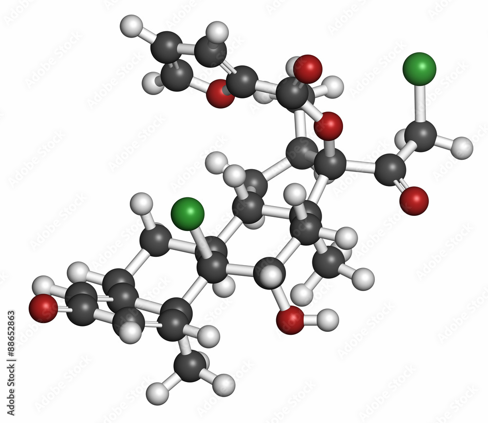 Mometasone furoate steroid drug molecule. Prodrug of mometasone. Mometasone furoate steroid drug molecule. Prodrug of mometasone.