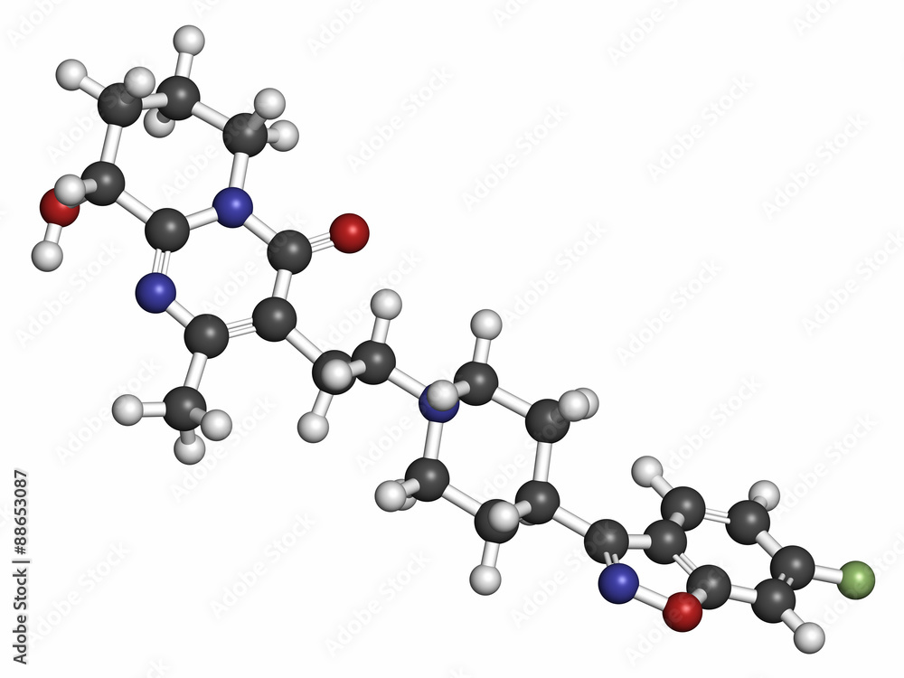 Paliperidone (9-hydroxyrisperidone) antipsychotic drug molecule.