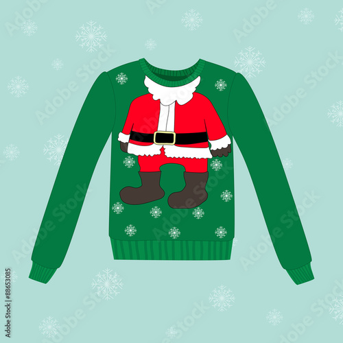 Christmas sweater on blue background with snowflakes