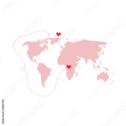 Pink world map Atlas with love around the world red heart isolat
