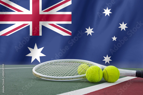 Australian open tennis concept with flag and ball photo