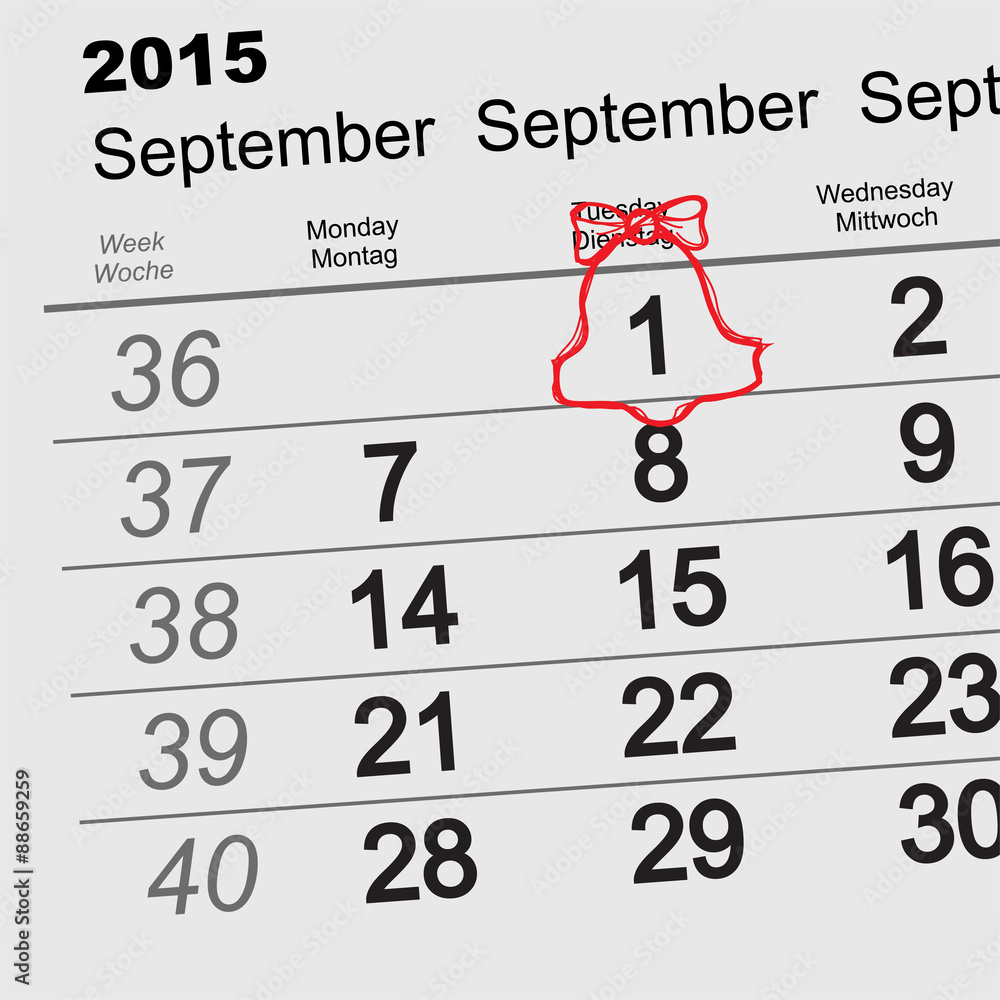 September 1 - First day of school. Red bell with ribbon September 1 - First day of school. Red bell with ribbon