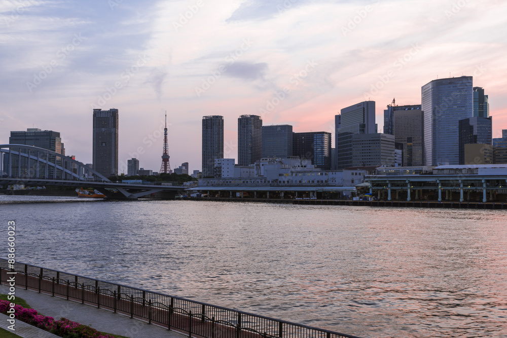 夕暮れの隅田川／勝どきより築地市場越しに見た銀座・新橋・浜松町方面の景色